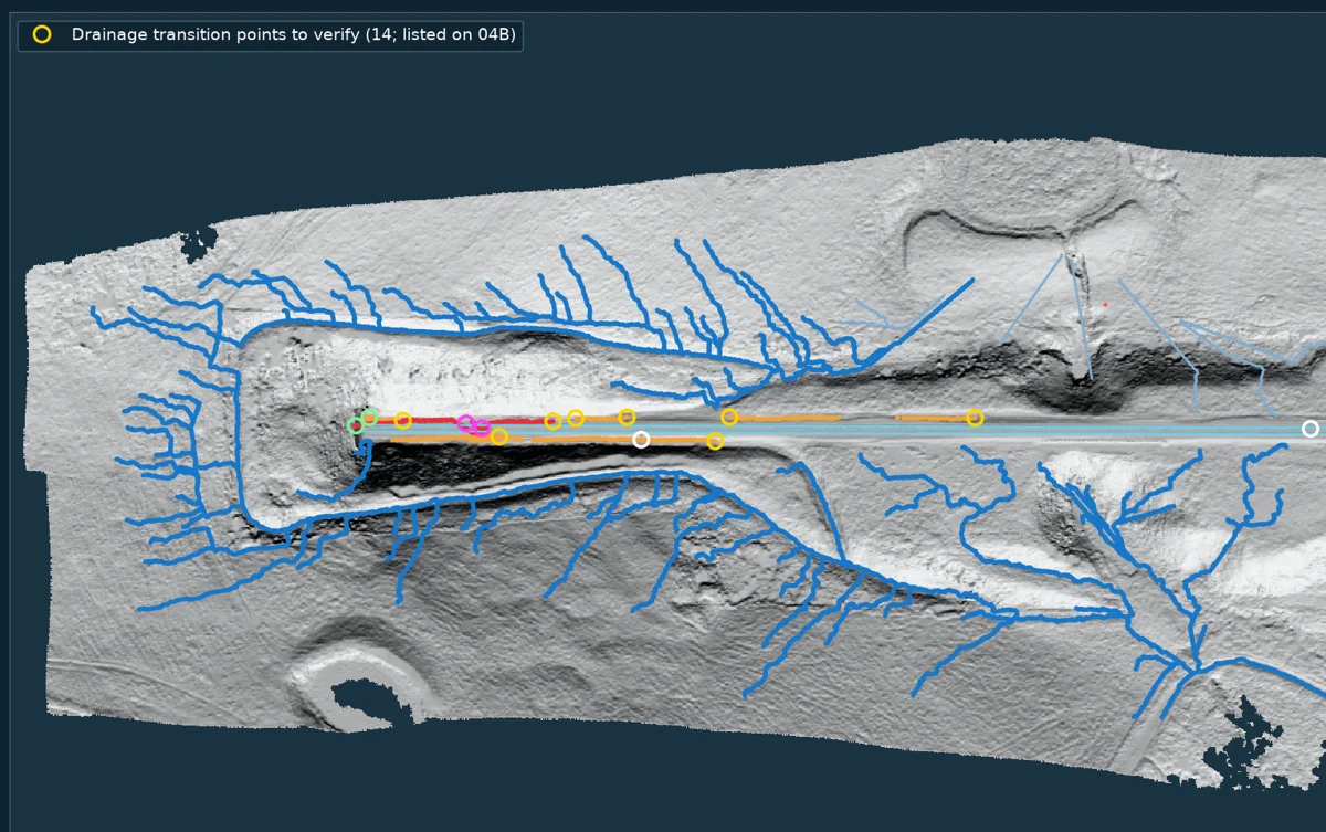Real drainage paths and inspection markers on a corridor terrain model
