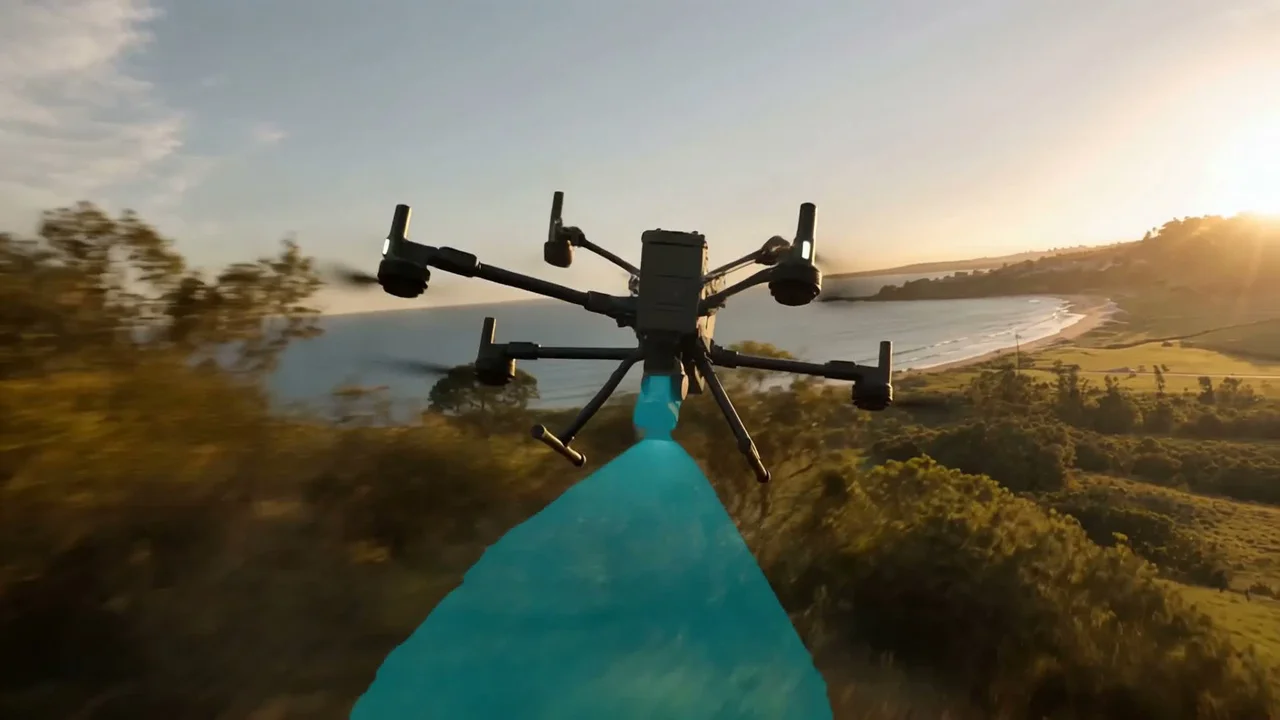 Drone scanning a coastal landscape in the Grid Scan film
